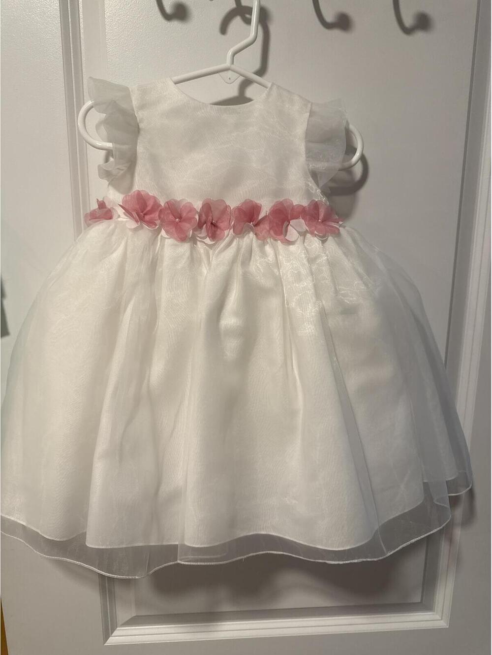 Sarah Louise White Dress with Pink Floral Waist Detail for Baby or Toddler